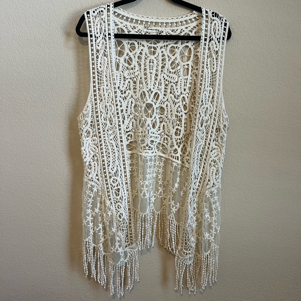 Southern Stitch ivory front open lace top